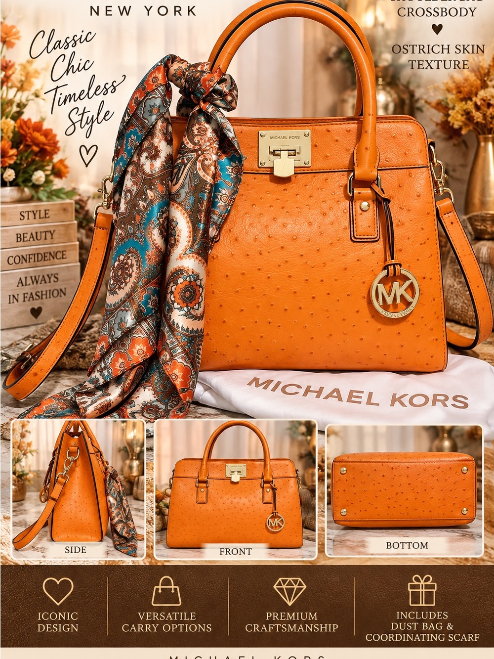 Michael Kors Orange Ostrich-Texture Satchel with Scarf Accent